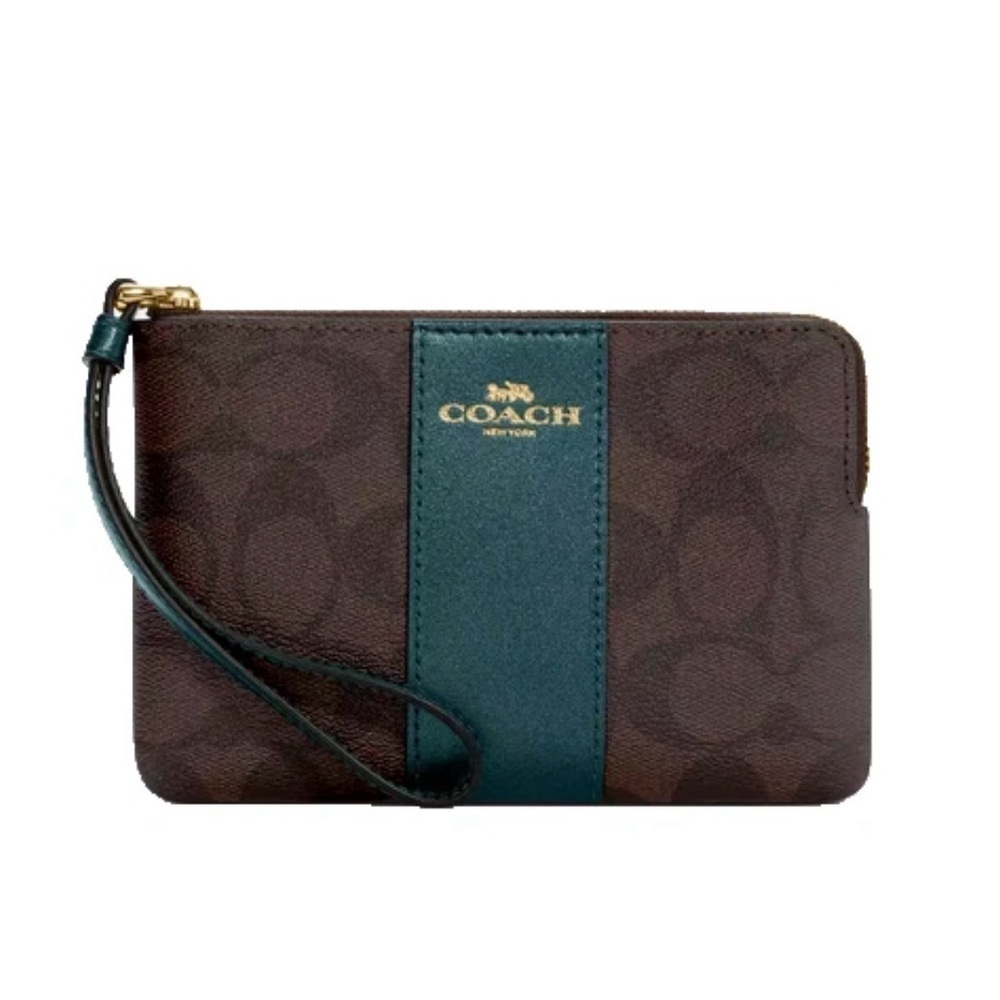 Coach Corner Zip Wristlet Wallet Brown / Metallic Ivy Green Canvas Leather